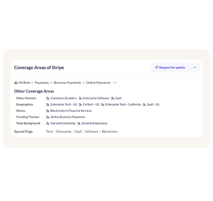 A page titled "Coverage Areas of Stripe." It details the company's market segments, geographies, and trending themes, such as "FinTech," "Online Payments," and "Blockchain in Financial Services."