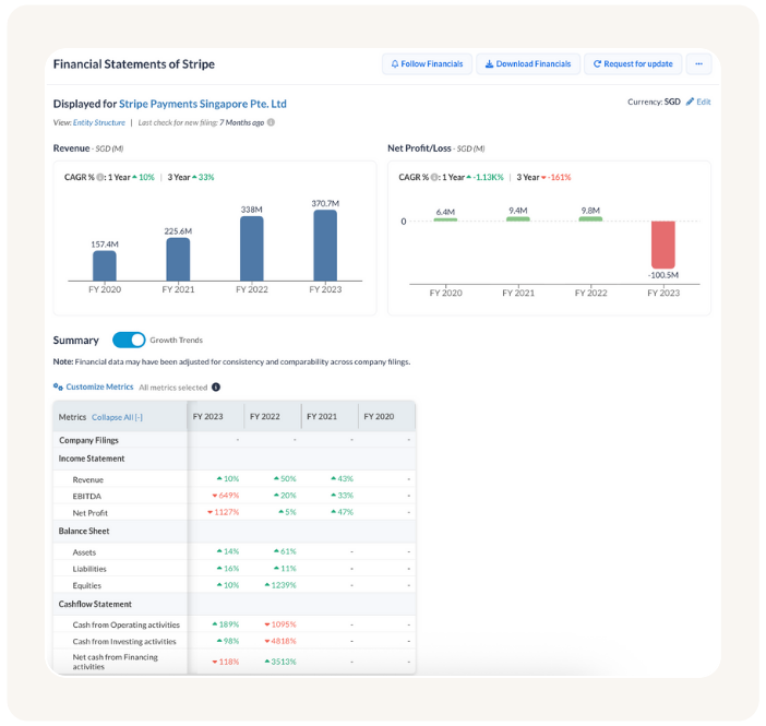 A financial summary page, showing a company's key financial statements. The page includes data for Total Revenue, Net Income, and EBITDA from 2021 to 2024, displayed in a table format.