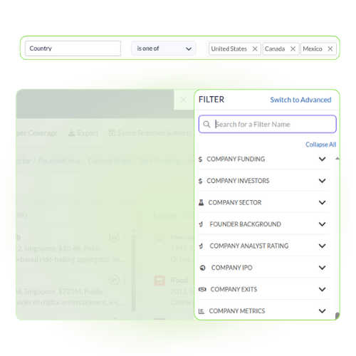 Snapshot of available filters to refine the list of companies.